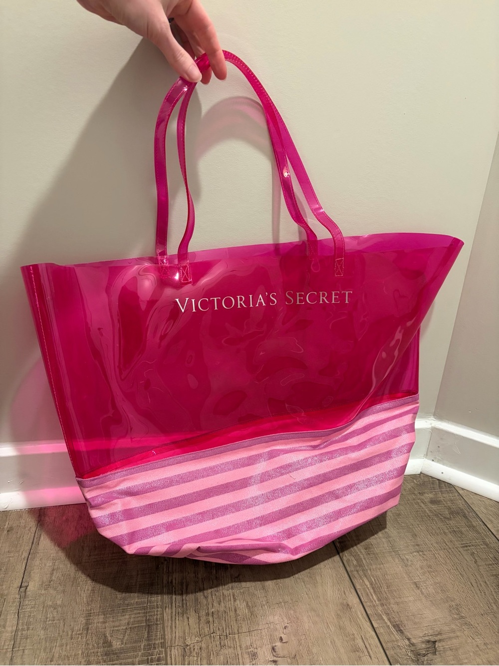 Victoria's Secret Hot Pink Clear Tote with Pink Striped Base